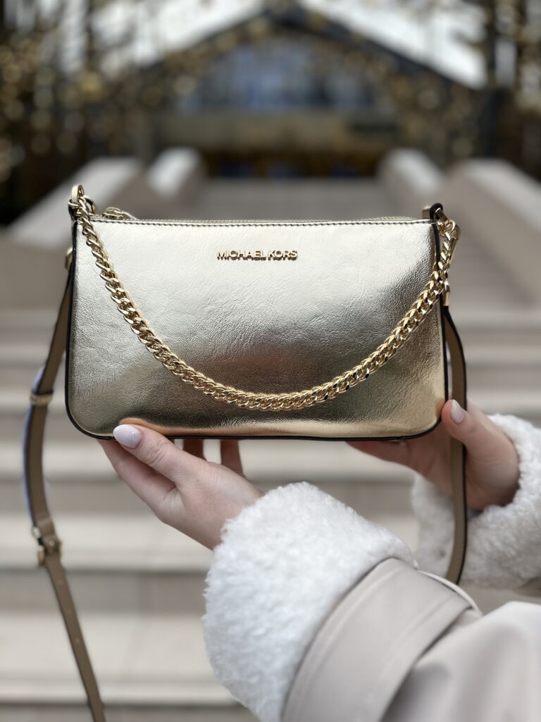 Jet Set Medium Metallic Shoulder Bag and Card Case Gift Set у кольорі Pale Gold- жіноча сумочка Michael Kors