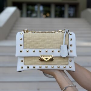 Cece Medium Straw and Studded Shoulder Bag у кольорі Optic White - жіноча сумочка Michael Kors